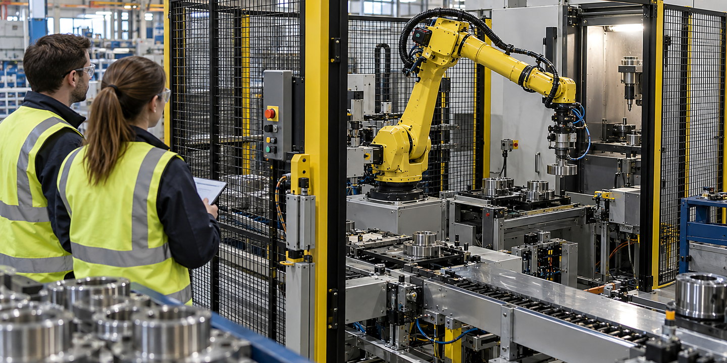 A robot safely loading blanks into a press inside a guarded cell, with blank stack, press interface and discharge conveyor visible.